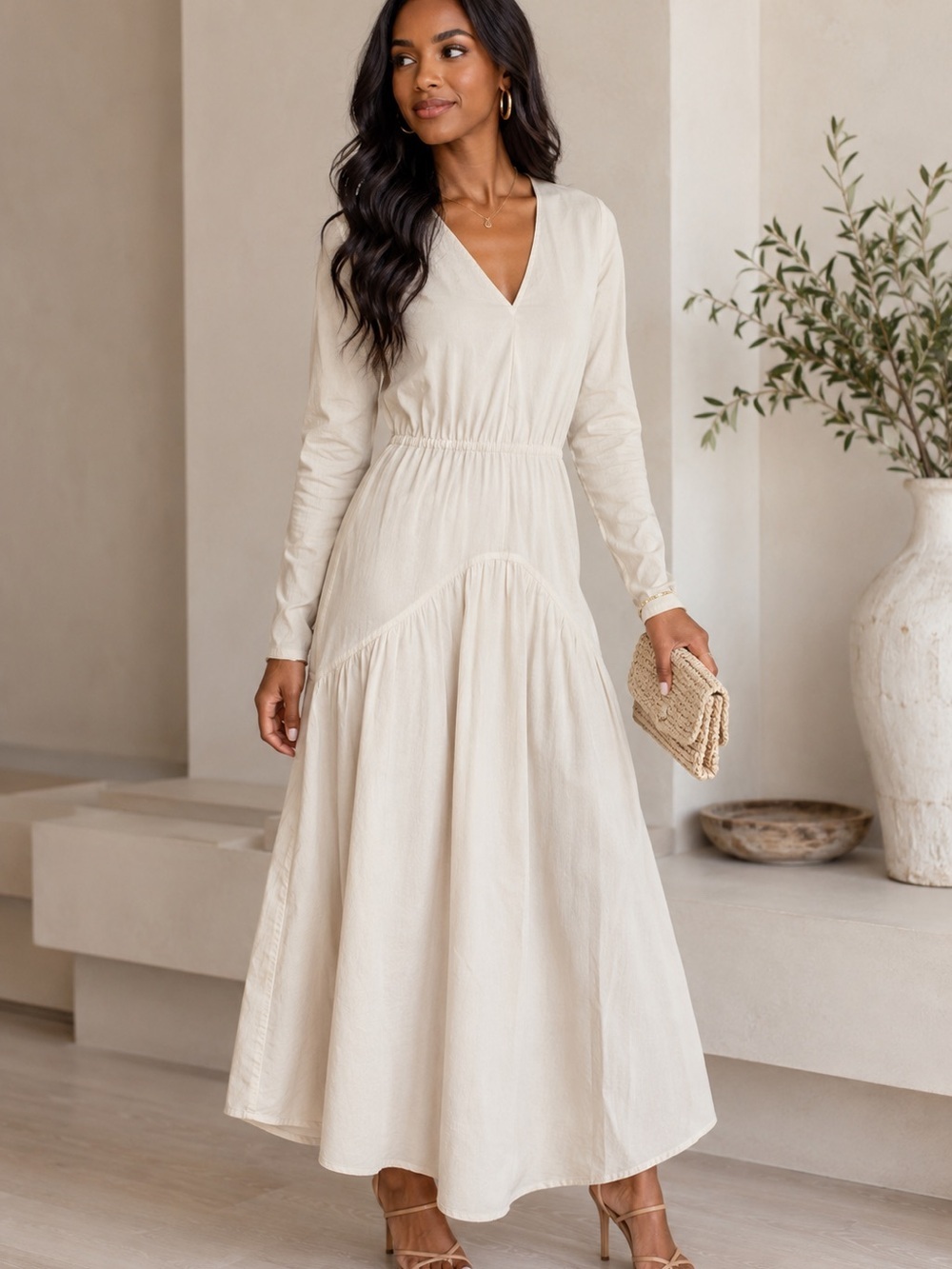 Vince White and Tan 100% Cotton V-Neck Long Sleeve Maxi Dress